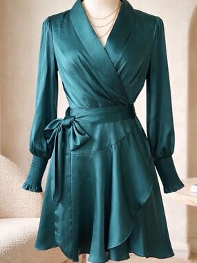 005~ NWT Elegant Satin Wrap Dress by Fate -Small Long Sleeves